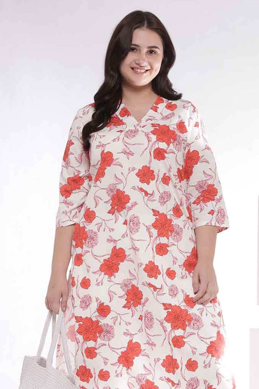 Plus Size Red Floral Print Cotton V Neck Kurta