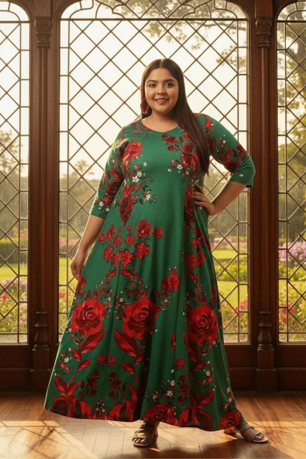 Plus Size Ditsy Green Red Floral Dress