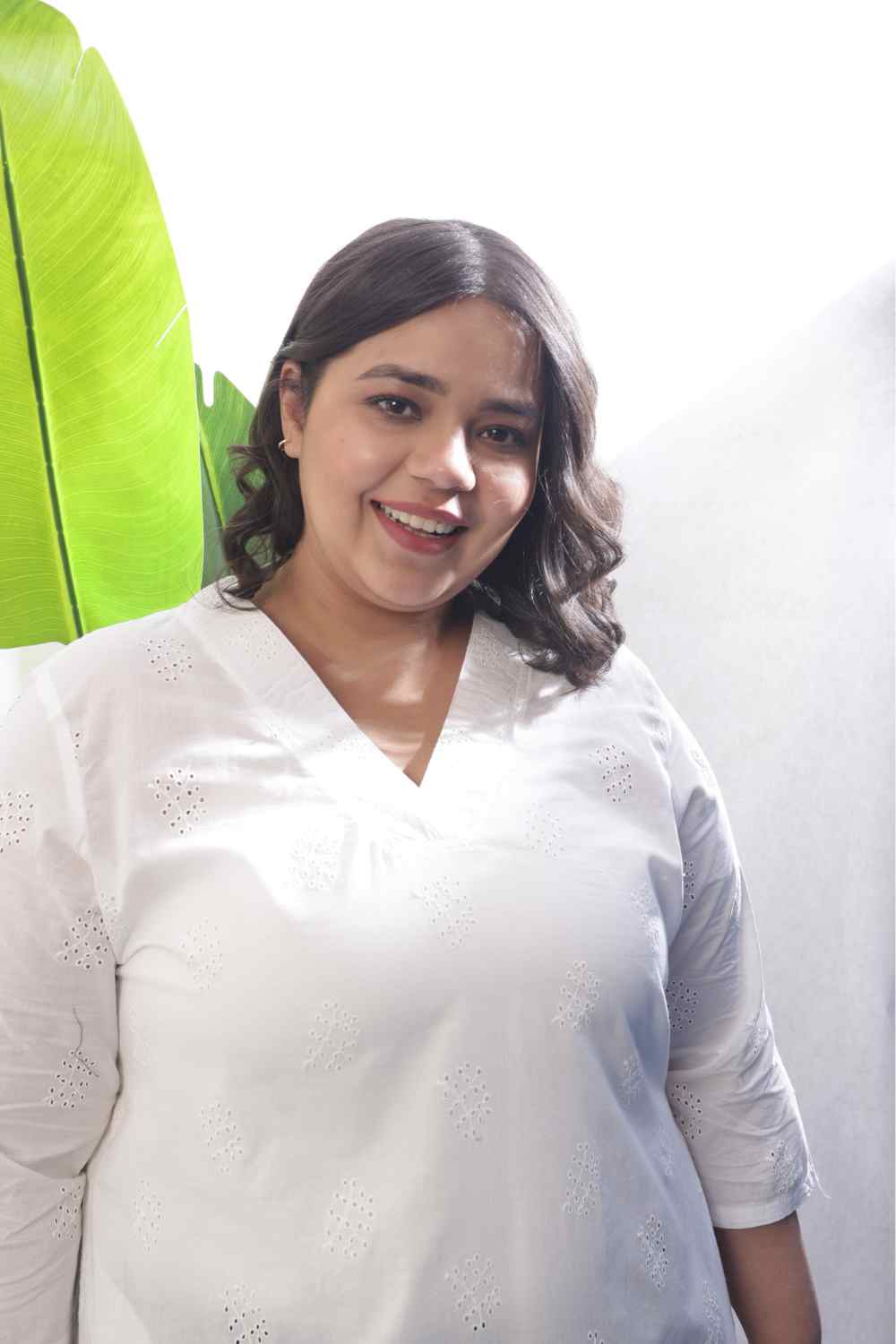 Plus Size White Cotton Schiffli V Neck Kurta