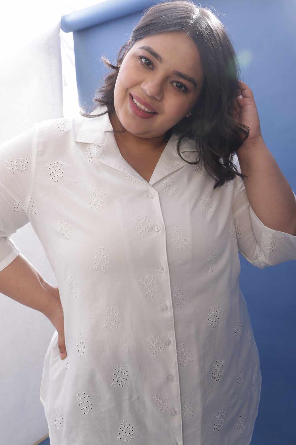 Plus Size White Cotton Schiffli Cuban Collar Shirt