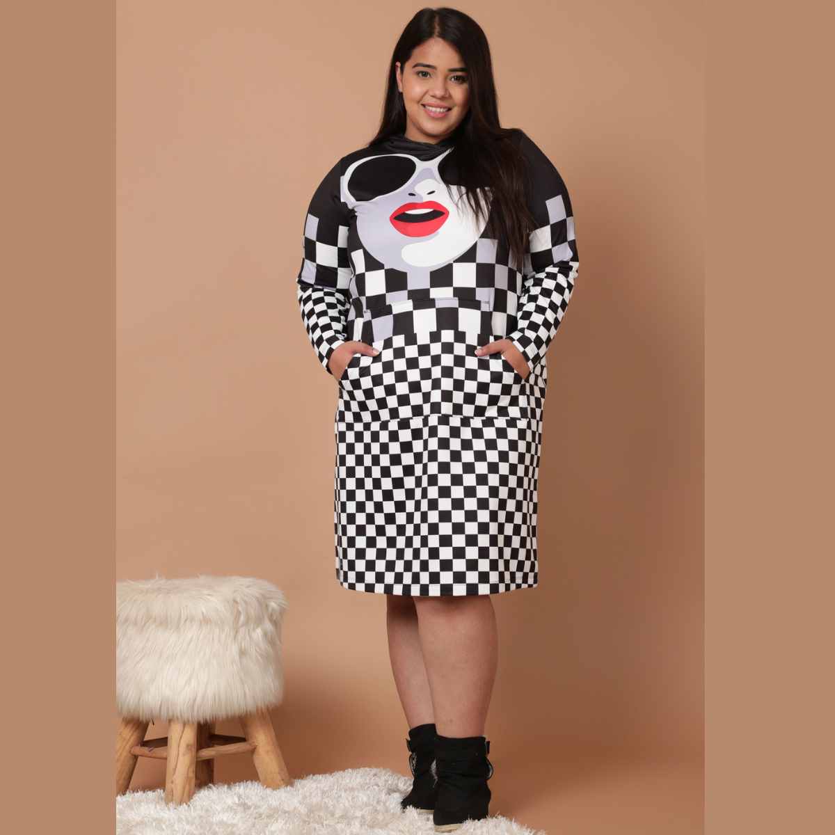 Plus Size Bold Face Plaid Printed Sweatshirt Hoodie Winter Dress