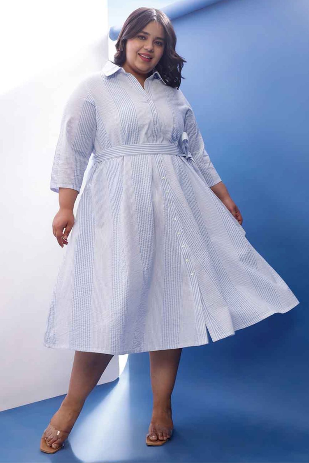 Plus Size Light Blue Striped Cotton Shirt Dress