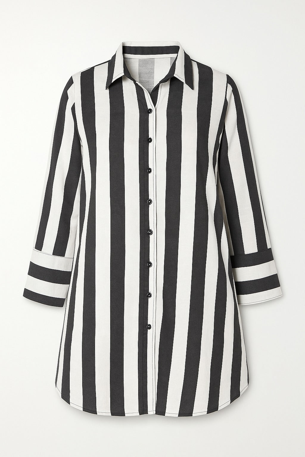 Plus Size Bold Stripe High Slit Styled Cuff Cotton Shirt