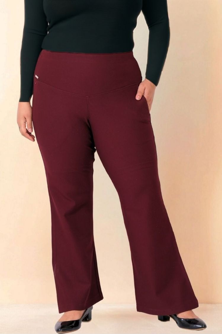 Plus Size Wine Red Tummy Shaper Flare Pants
