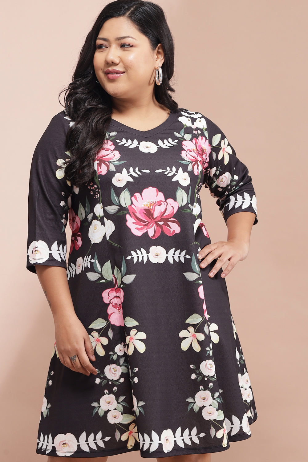 Plus Size Black Bright Floral Printed Dress