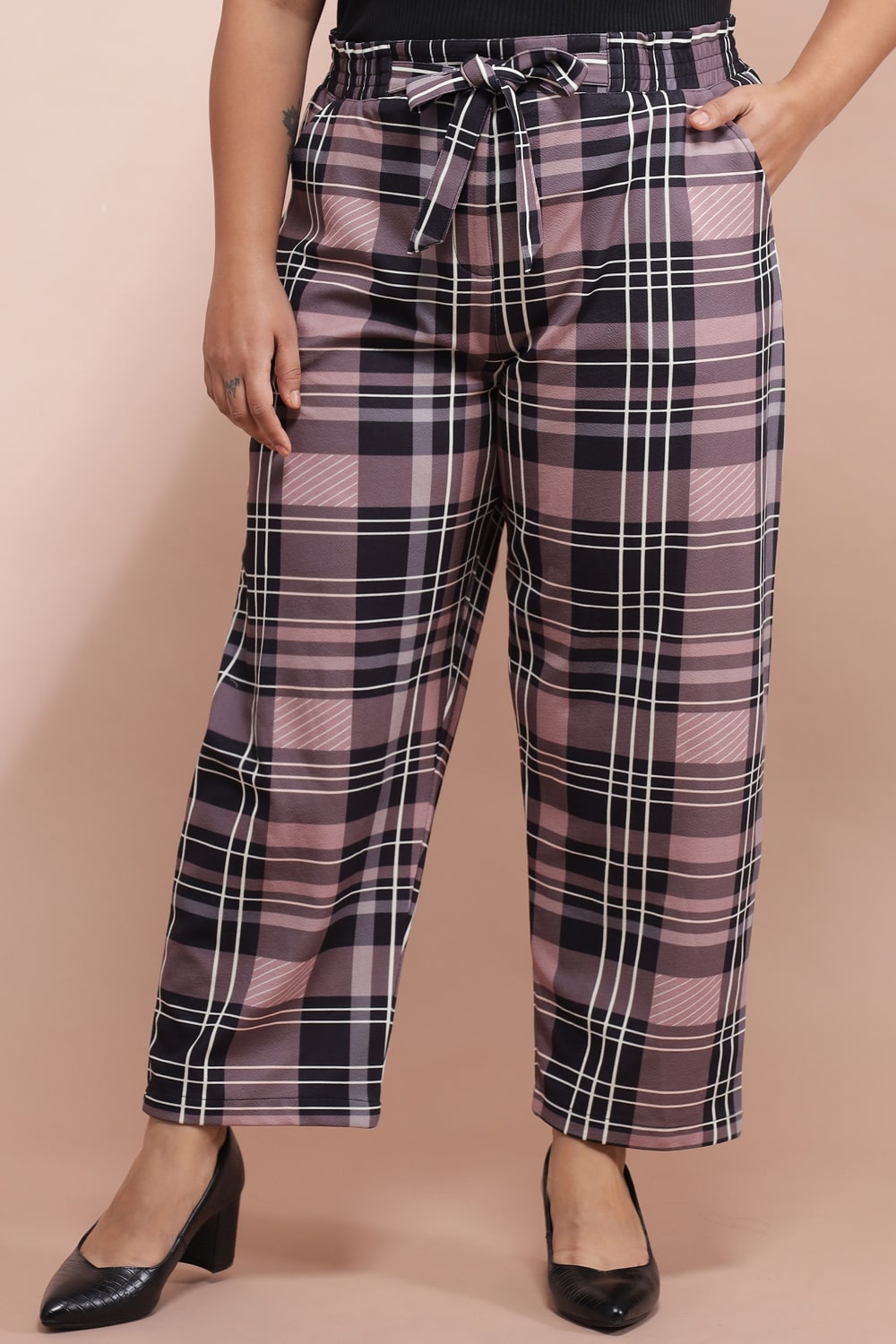 Plus Size Dusty Pink Black Checkered Pants Online in India Amydus