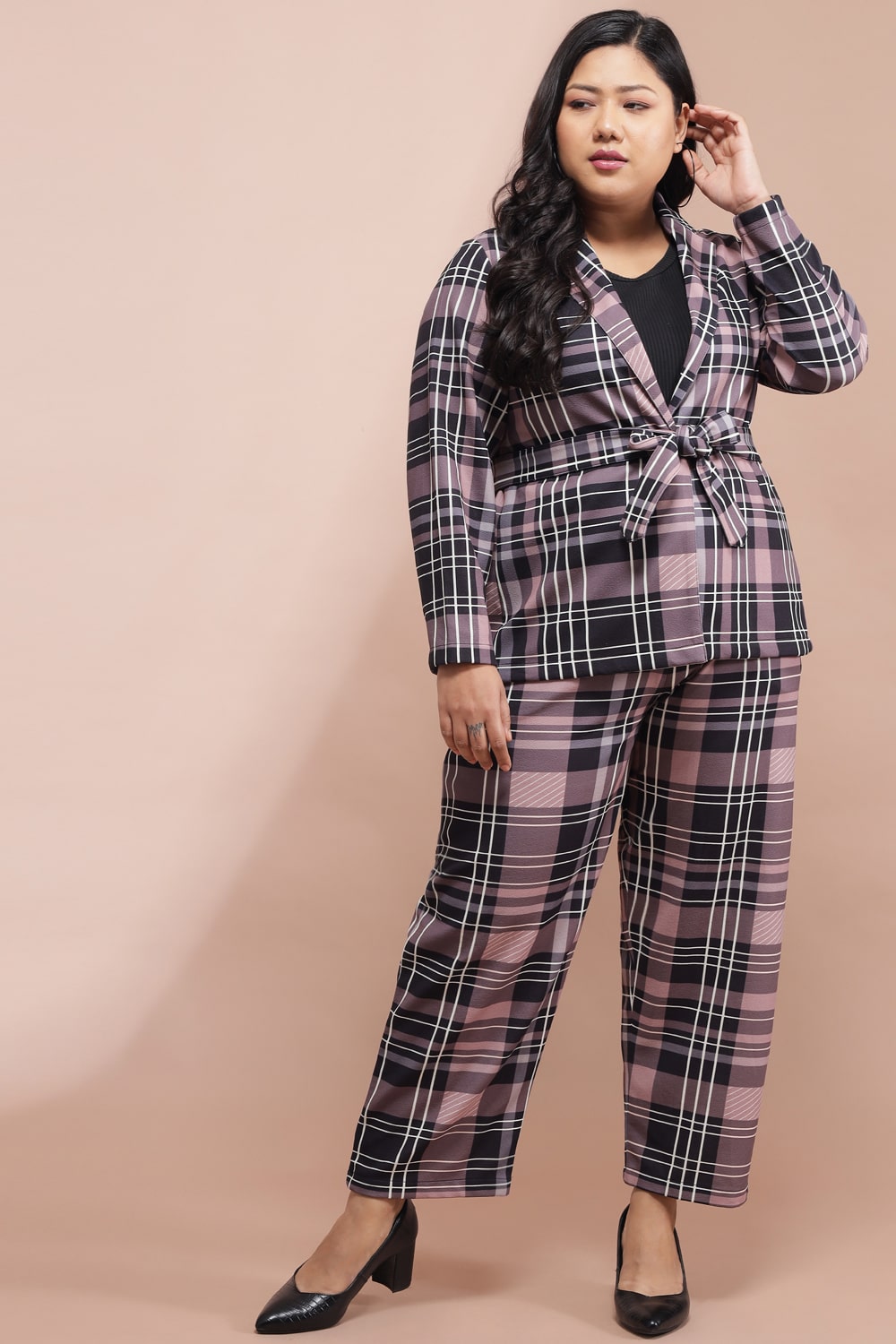 Plus Size Dusty Pink Black Checkered Blazer