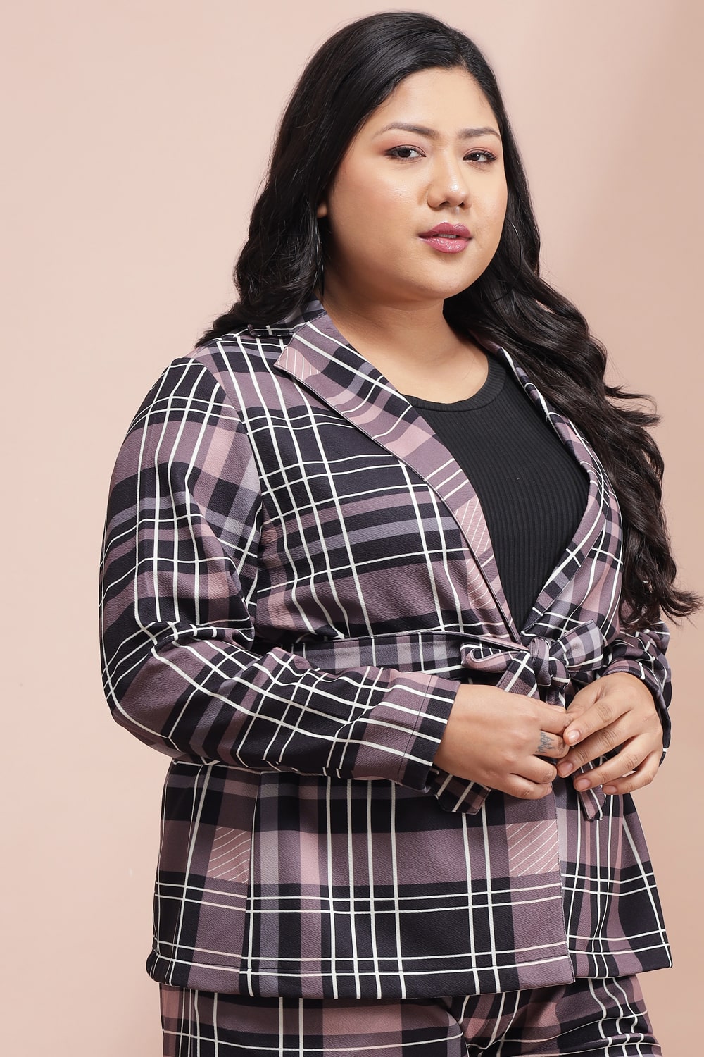 Comfortable Dusty Pink Black Checkered Blazer
