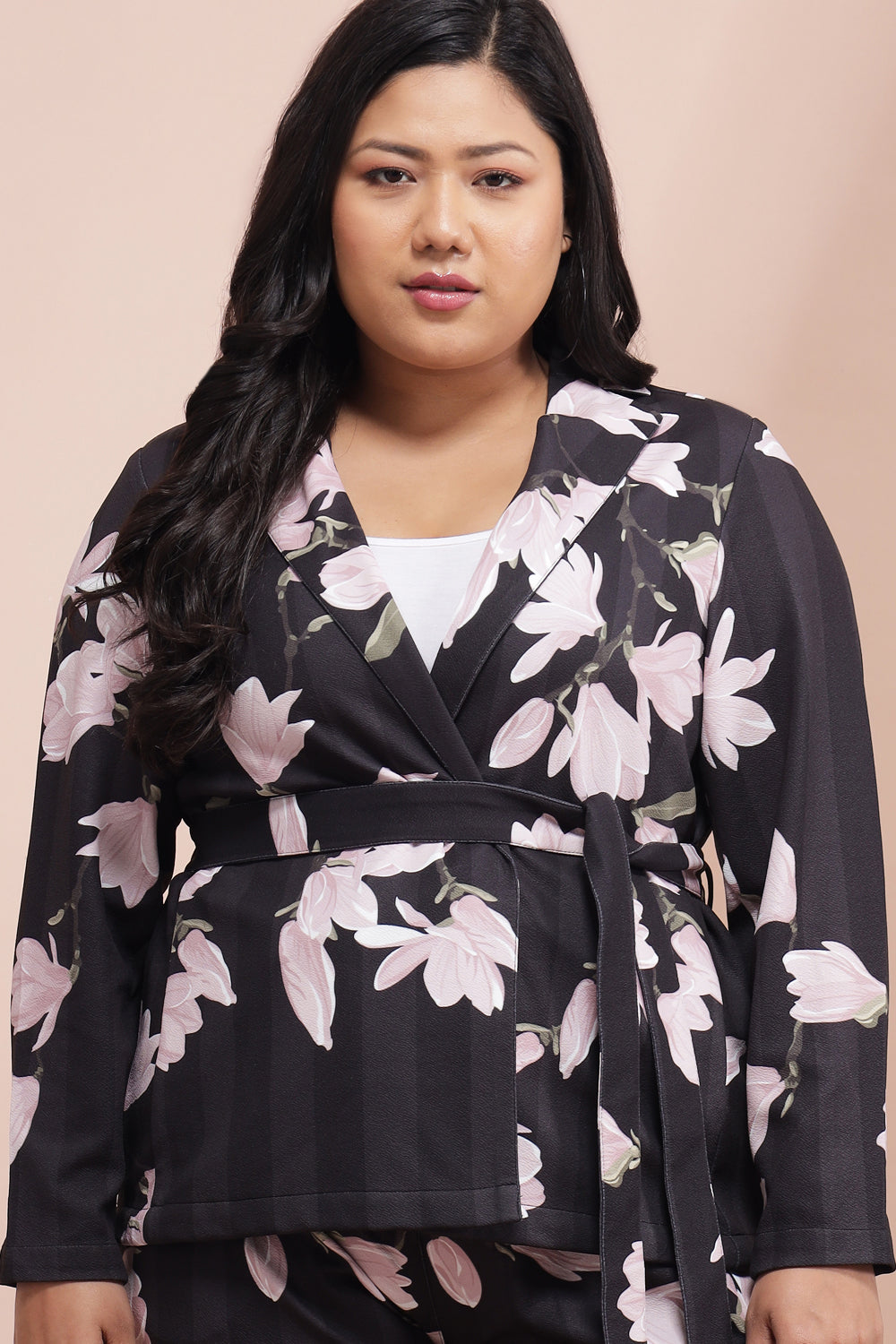 Plus Size Black Floral Striped Blazer