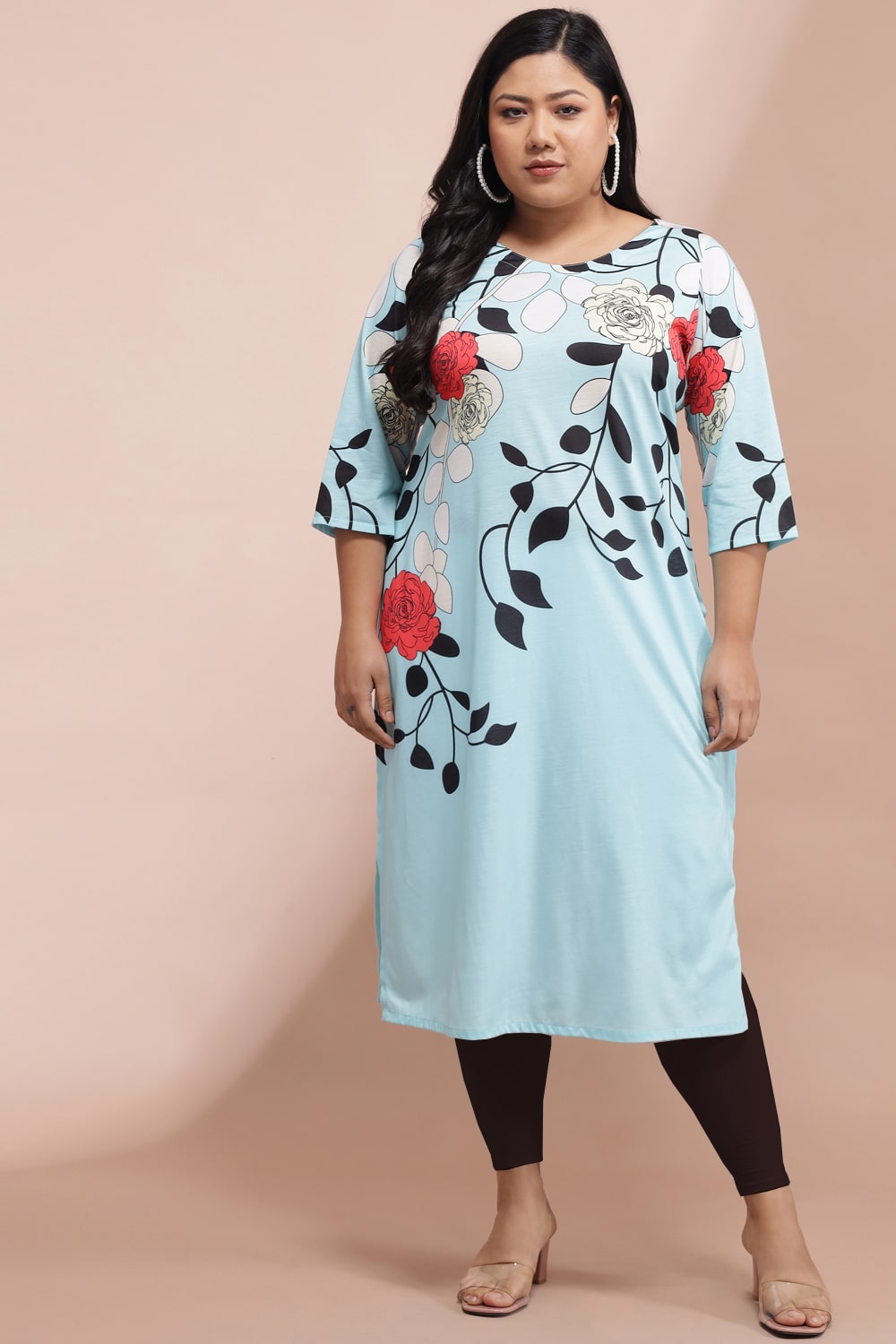 Powder Blue Floral Print Kurti for Women