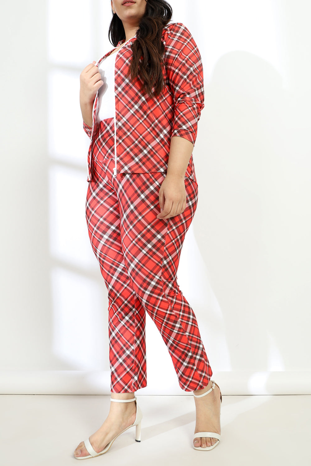 Amydus Red-White-Bais-Check-Printed Plus Size Jacket