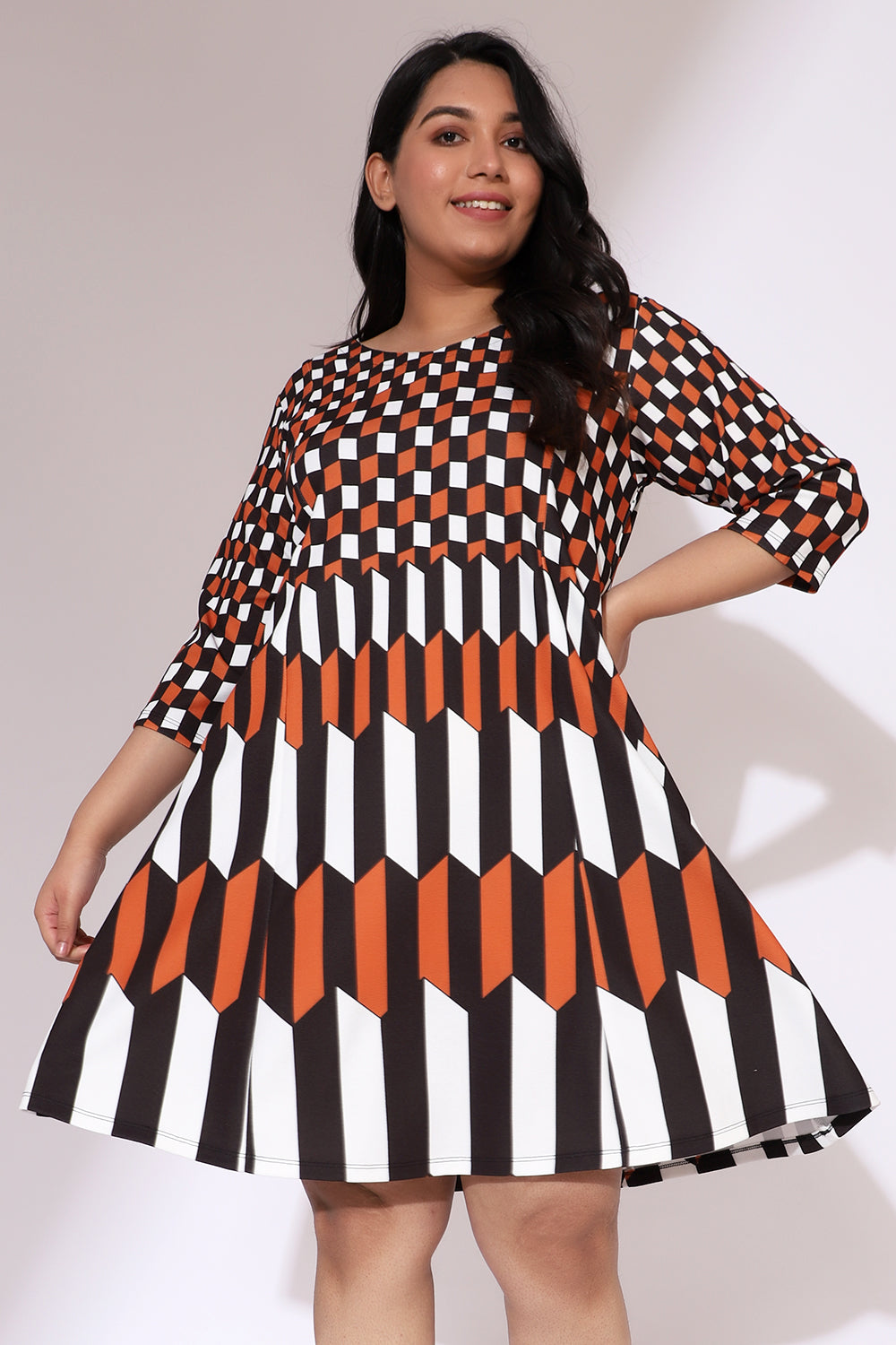 Plus Size Tan Black Chevron Play Printed Dress