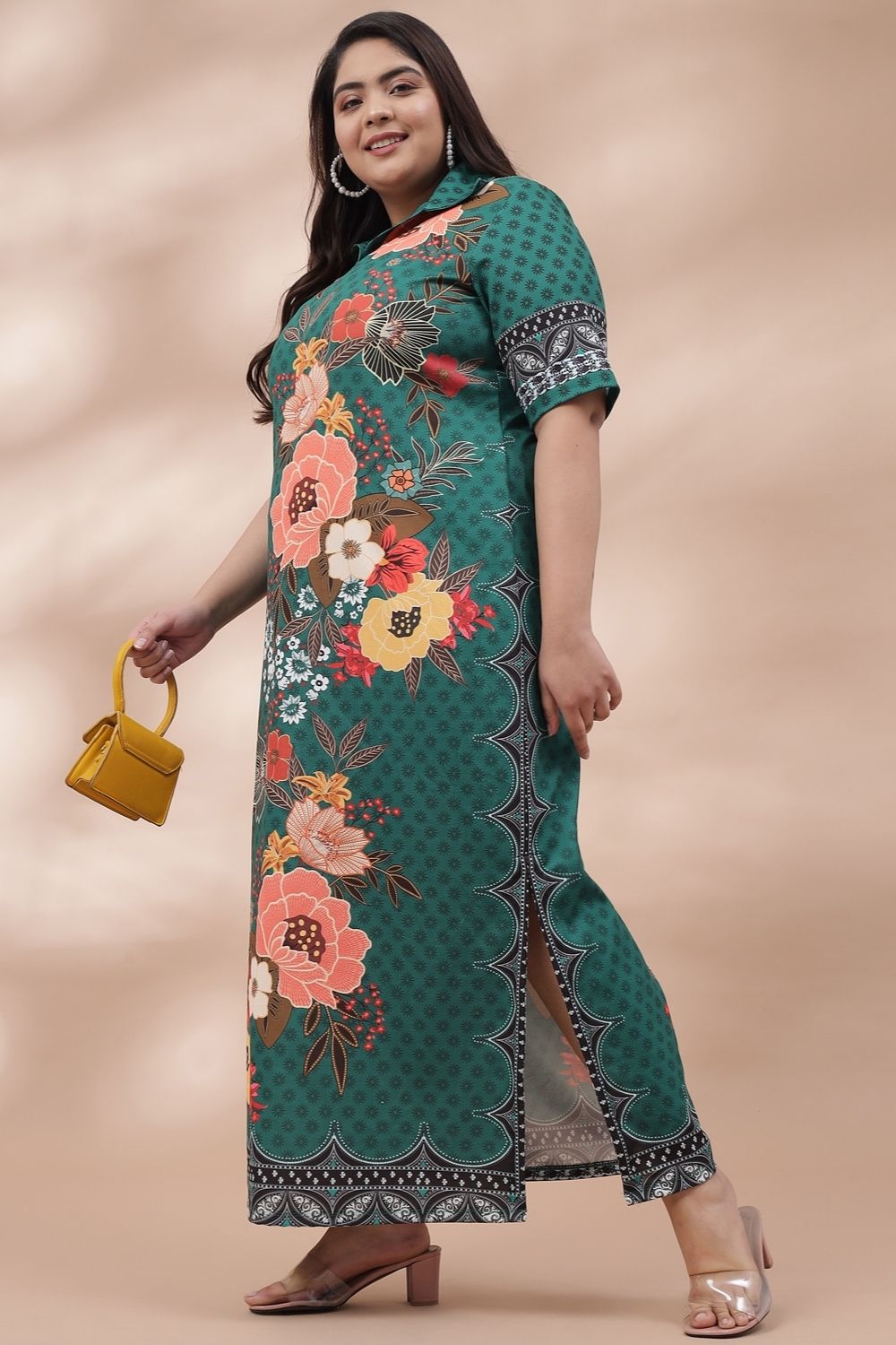Green Floral Print Long Dress With Side Slit