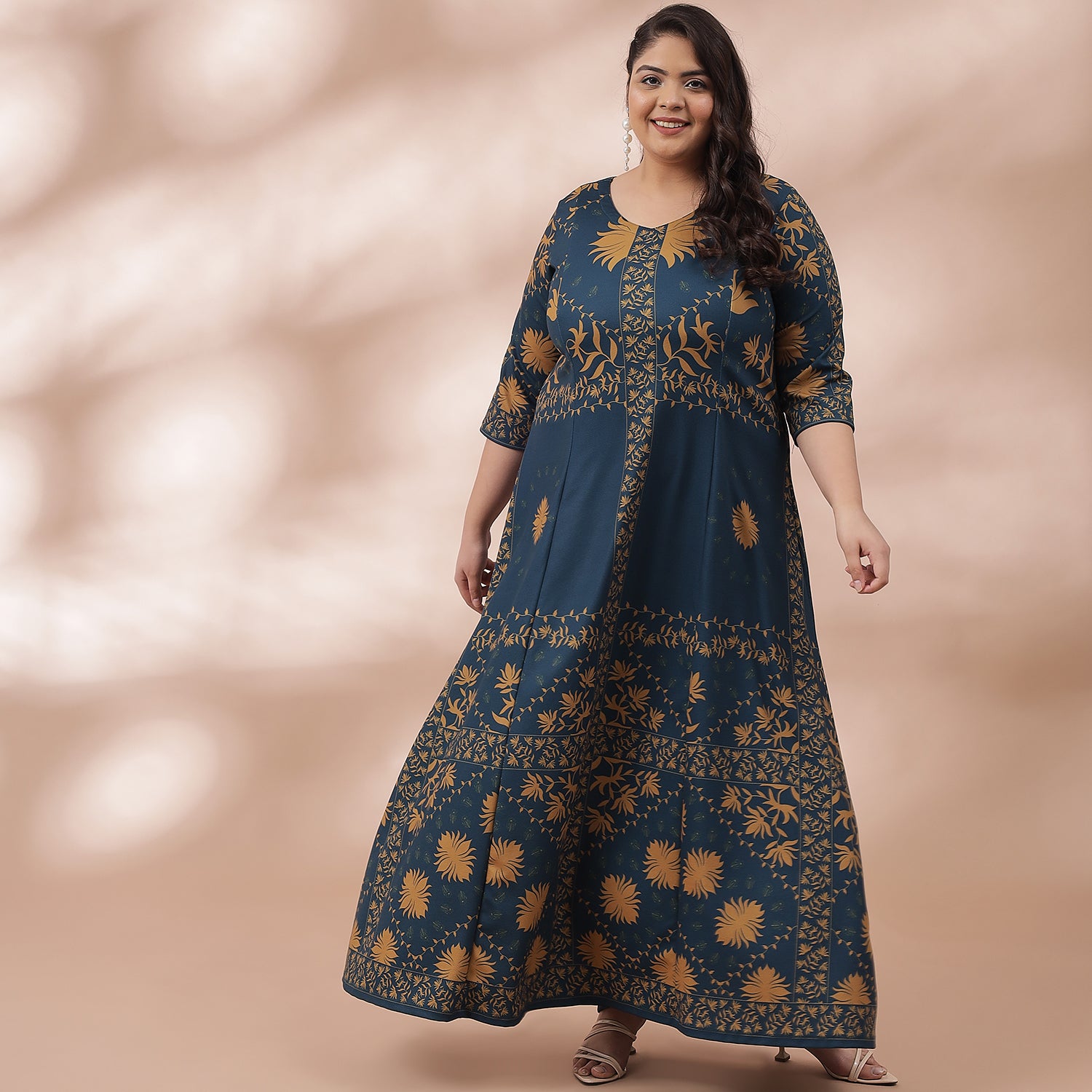 Teal Mustard Ornate Printed Long Dress