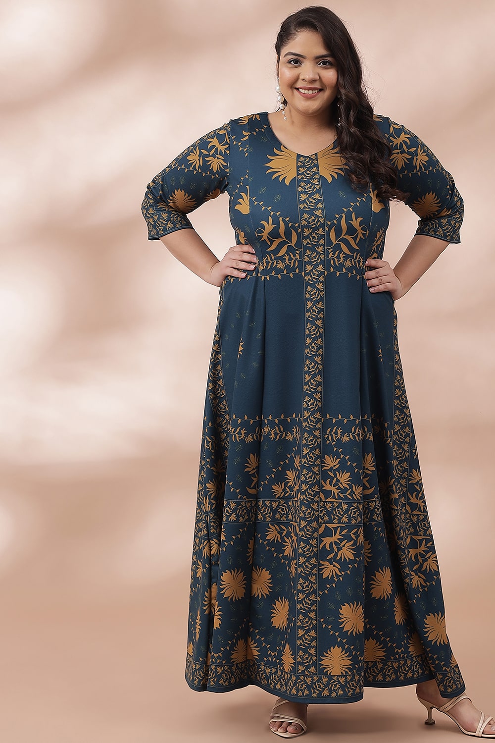 Plus Size Teal Mustard Ornate Printed Dress Online in India | Amydus