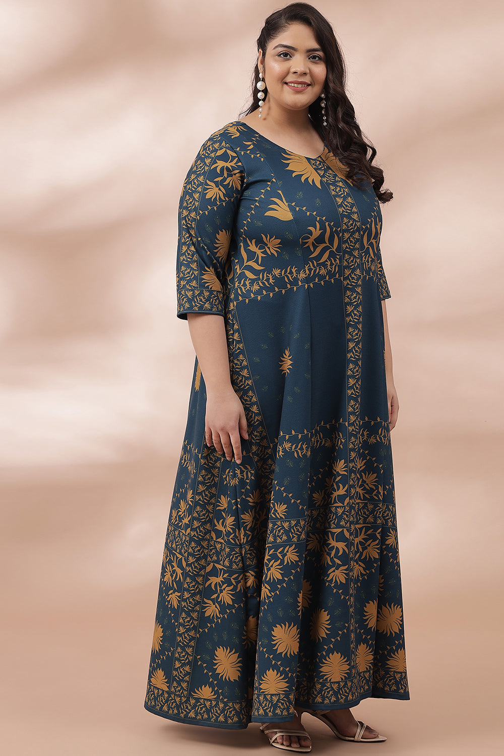 Plus Size Teal Mustard Ornate Printed Long Dress