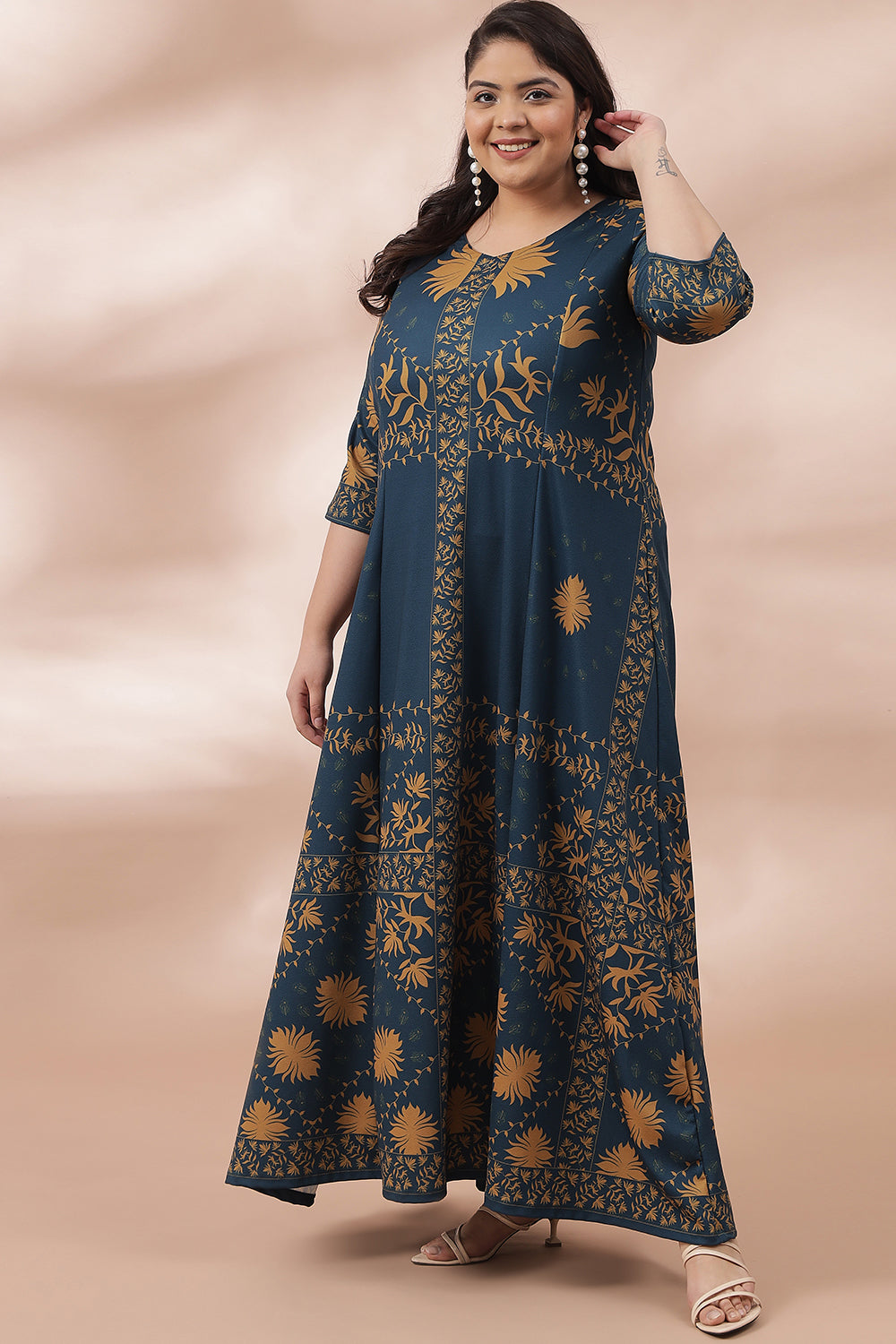 Teal Mustard Ornate Printed Long Dress for Women