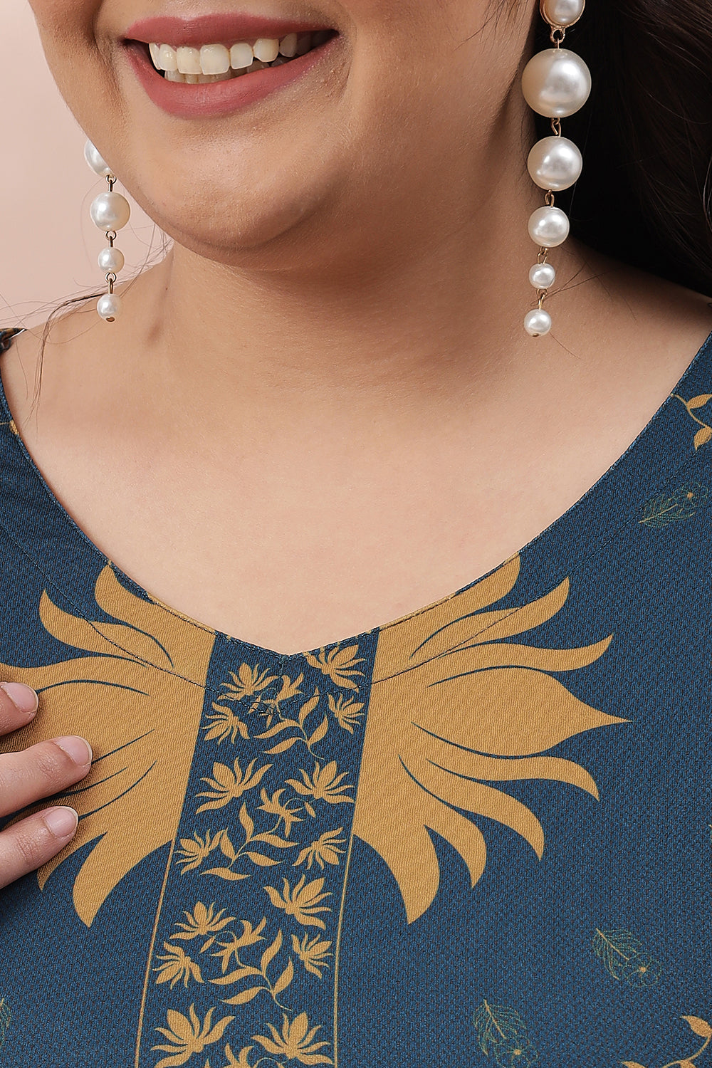 Comfortable Teal Mustard Ornate Printed Long Dress