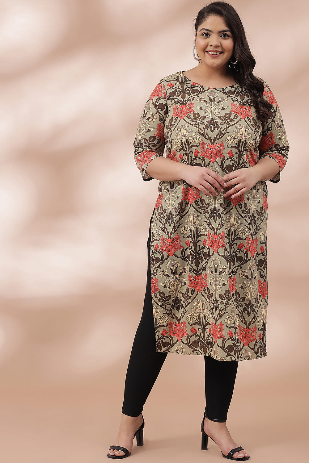 Plus Size Ornate Green Printed Kurti