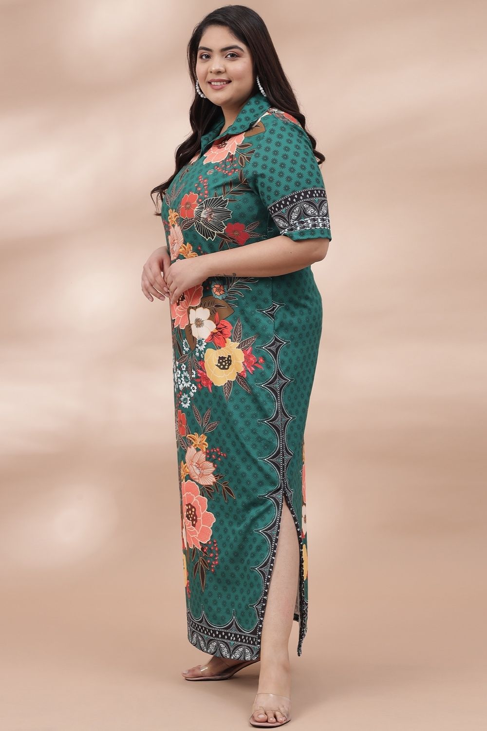 Green Floral Print Long Dress With Side Slit