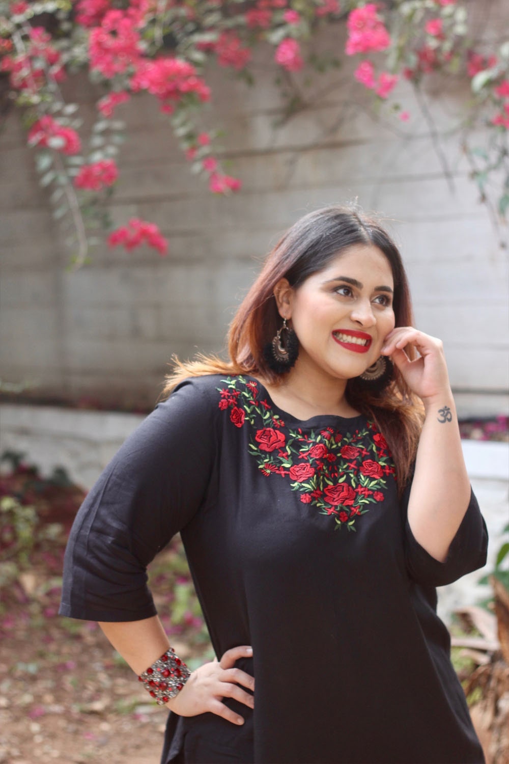 Black Neckline Floral Embroidery Kurti