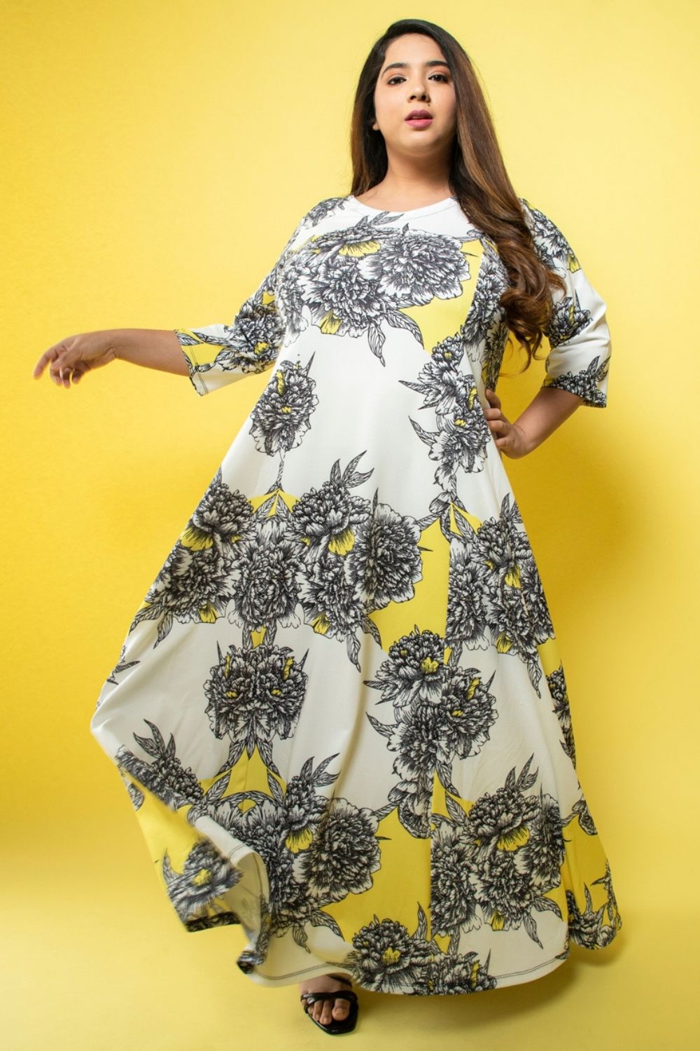 Amydus Yellow Bay Floral Printed Long Plus Size Dress