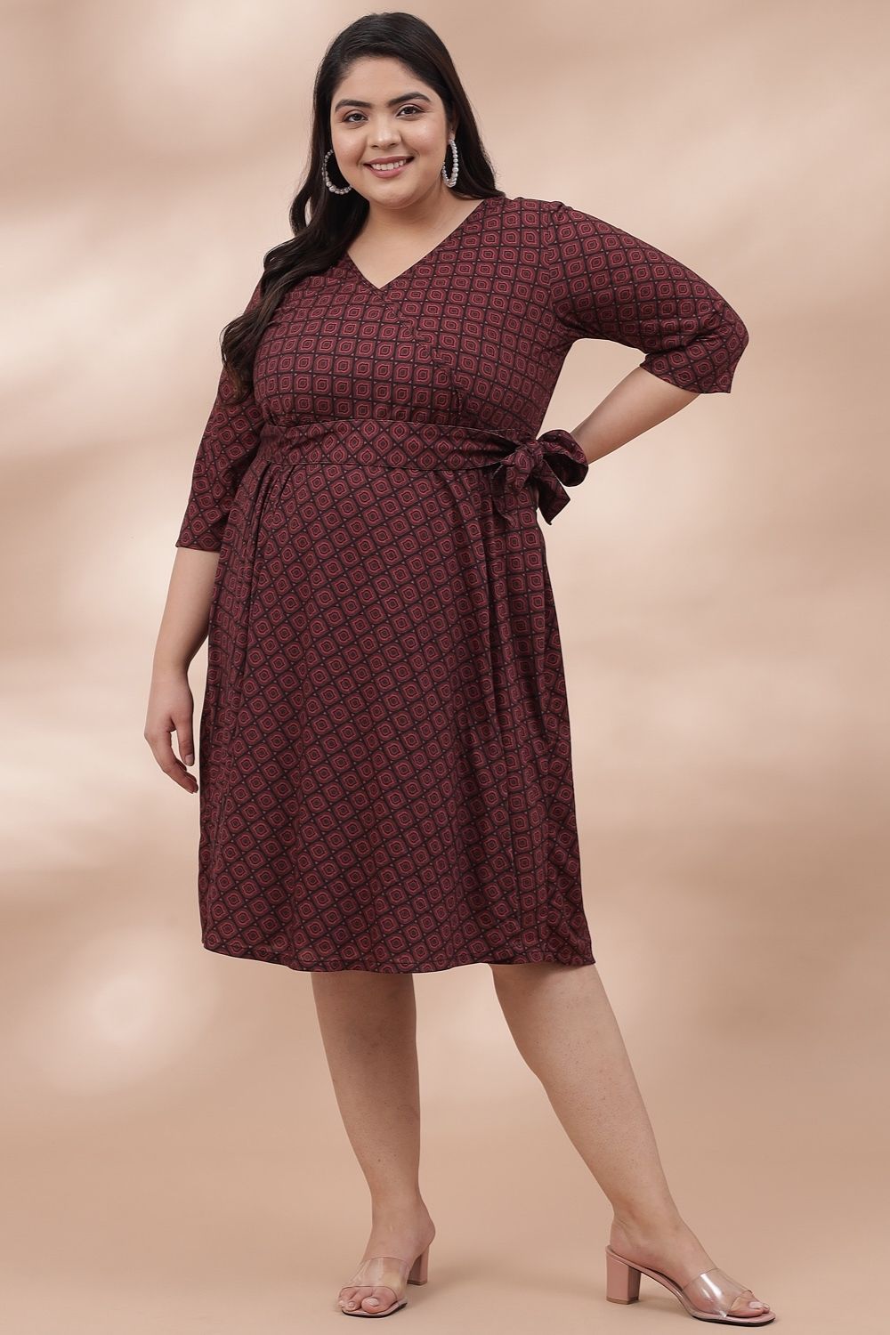 Plus Size Maroon Printed True Wrap Dress