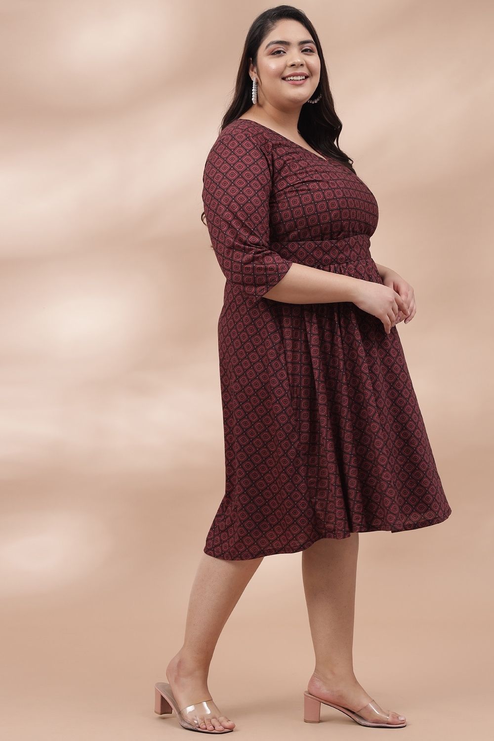 Comfortable Maroon Printed True Wrap Dress