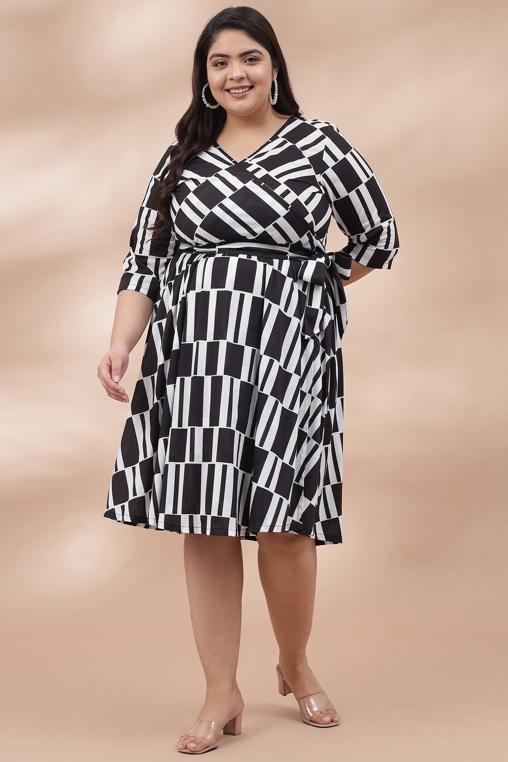 Plus Size Black Monochrome Printed True Wrap Dress