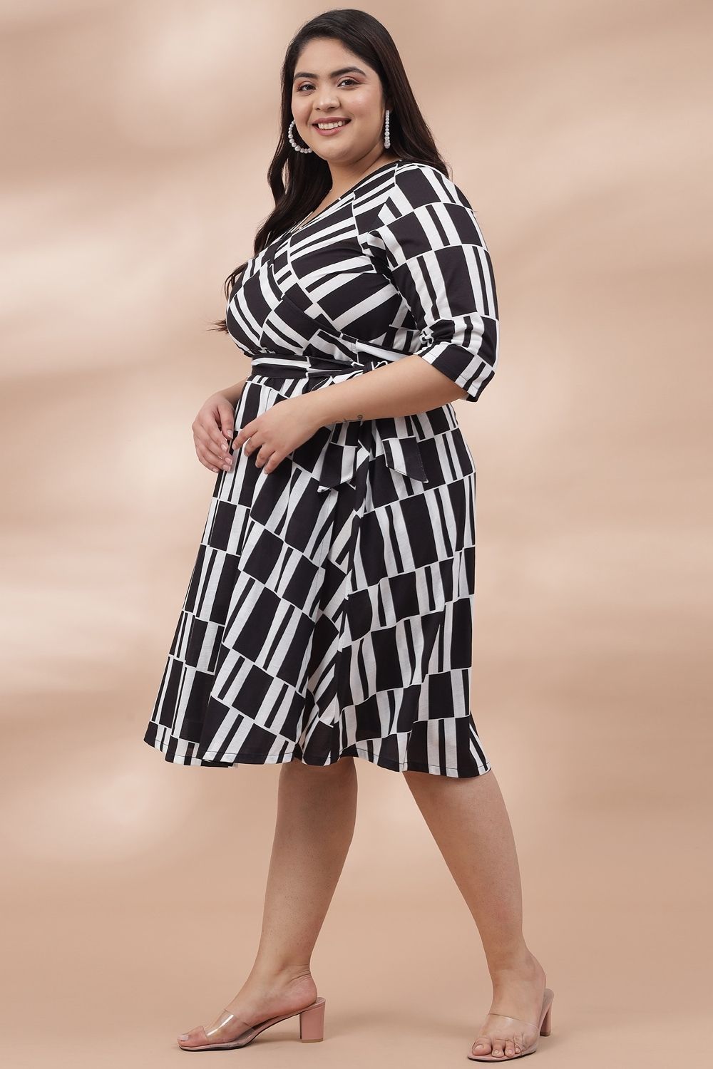 Black Monochrome Printed True Wrap Dress for Women