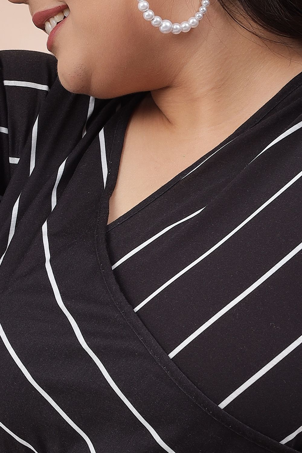 Plus Size Black White Stripe True Wrap Midi Dress