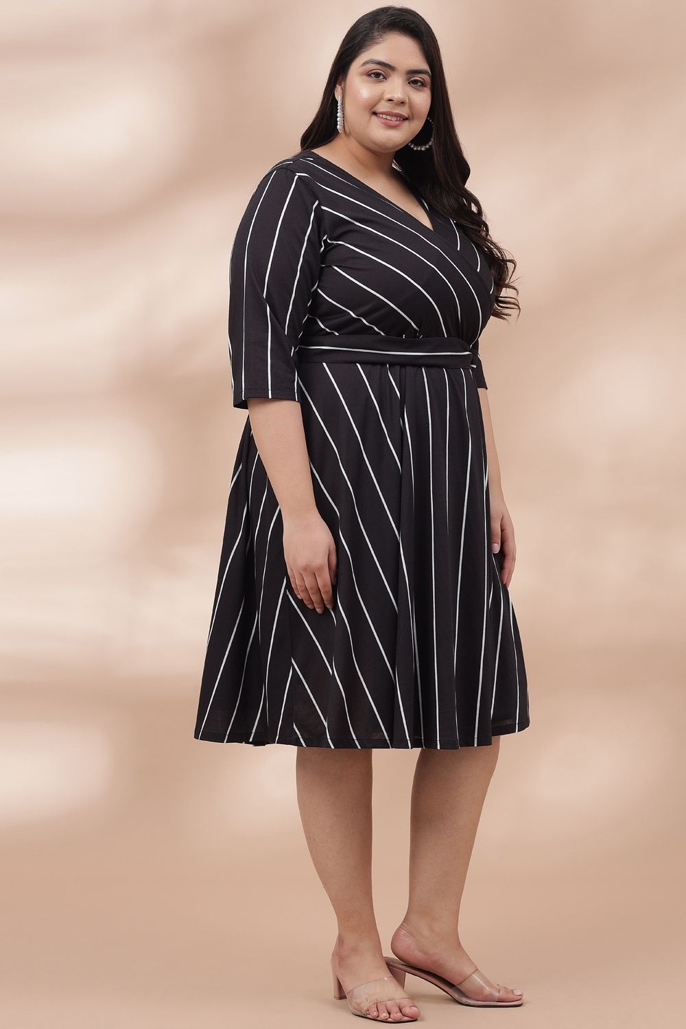 Black White Stripe True Wrap Midi Dress for Women