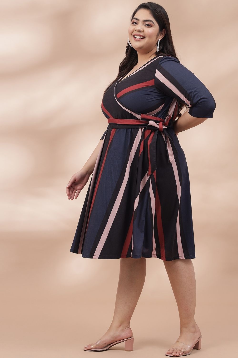 Plus Size Navy Red Bold Stripes True Wrap Dress