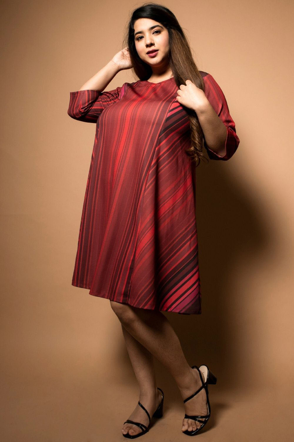 Amydus Maroon Stripes Fit Plus Size Flare Dress