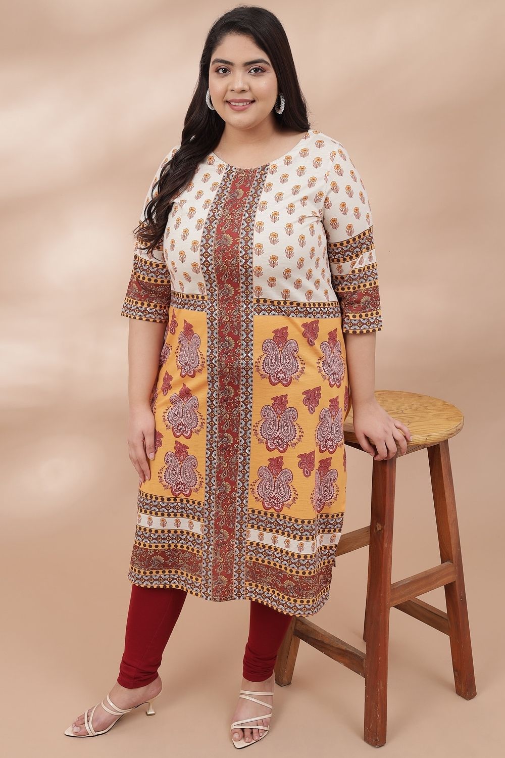 Yellow Beige Ethnic Printed Kurti