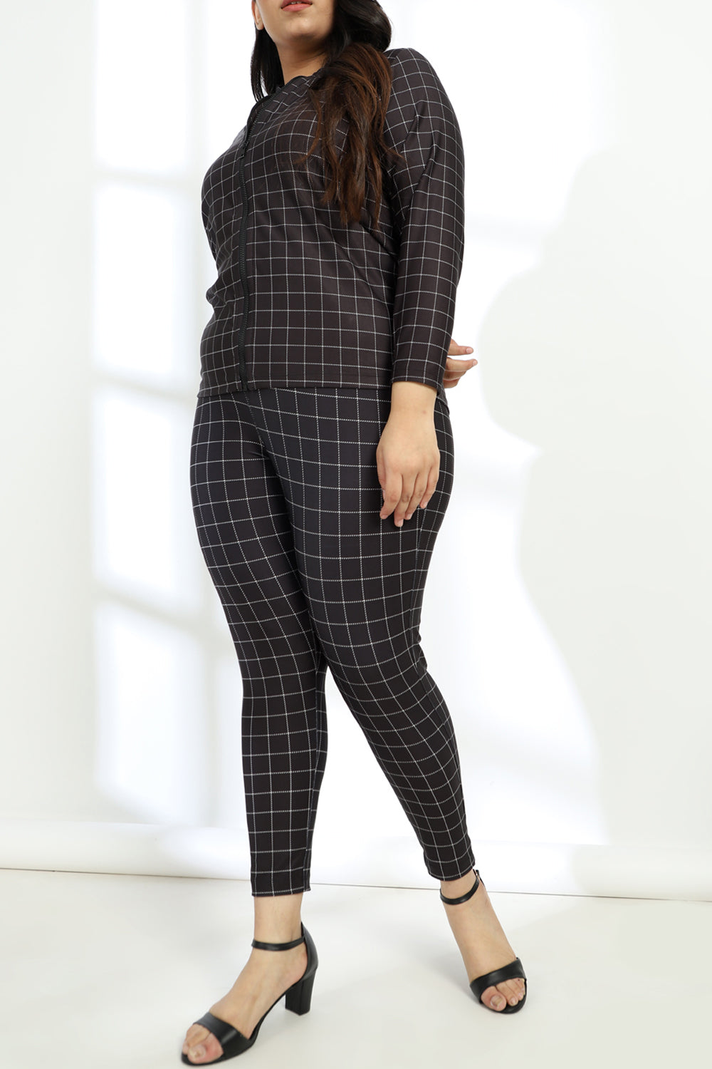 Amydus Black White Plaids Printed Plus Size Jacket