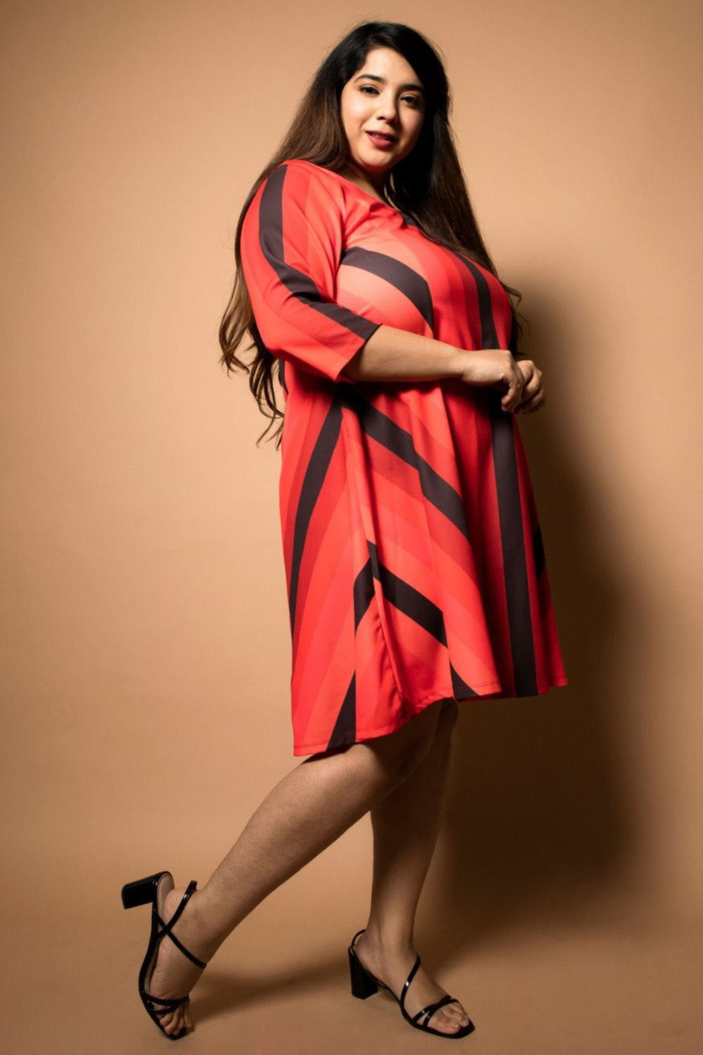 Amydus Red Striped Fit 3xl Size Flare Dress