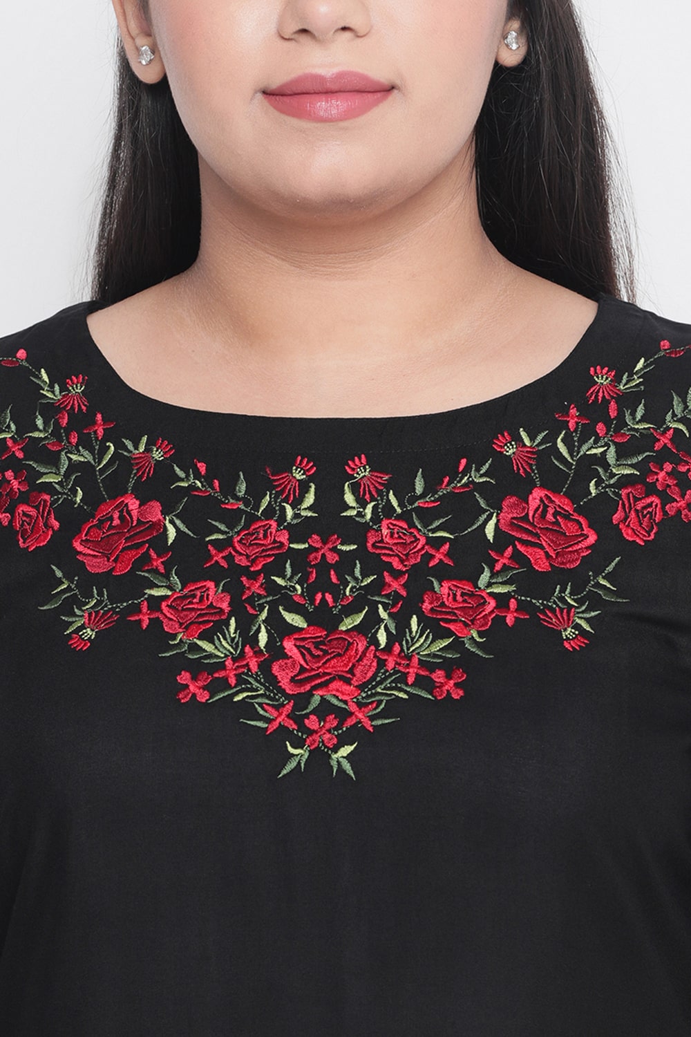 Black Neckline Floral Embroidery Kurti for Women
