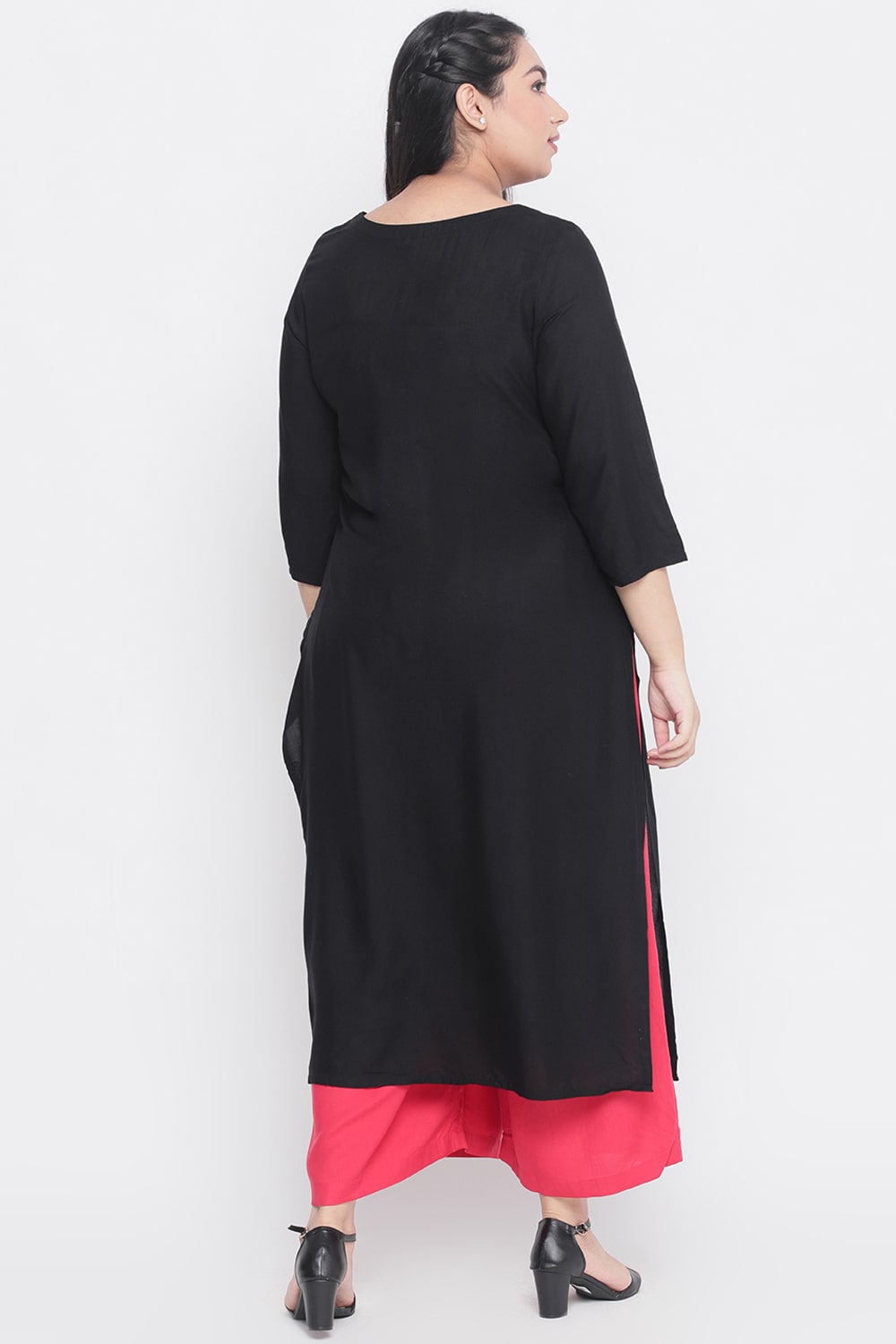 Black Neckline Floral Embroidery Kurti