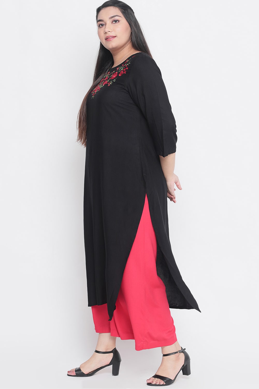 Black Neckline Floral Embroidery Kurti