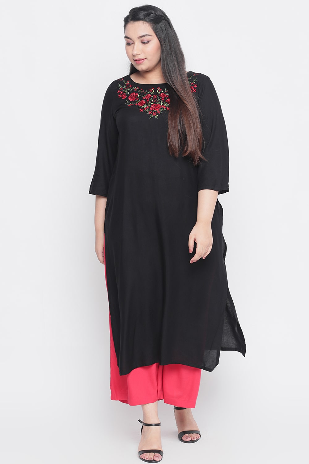 Plus Size Black Neckline Floral Embroidery Kurti