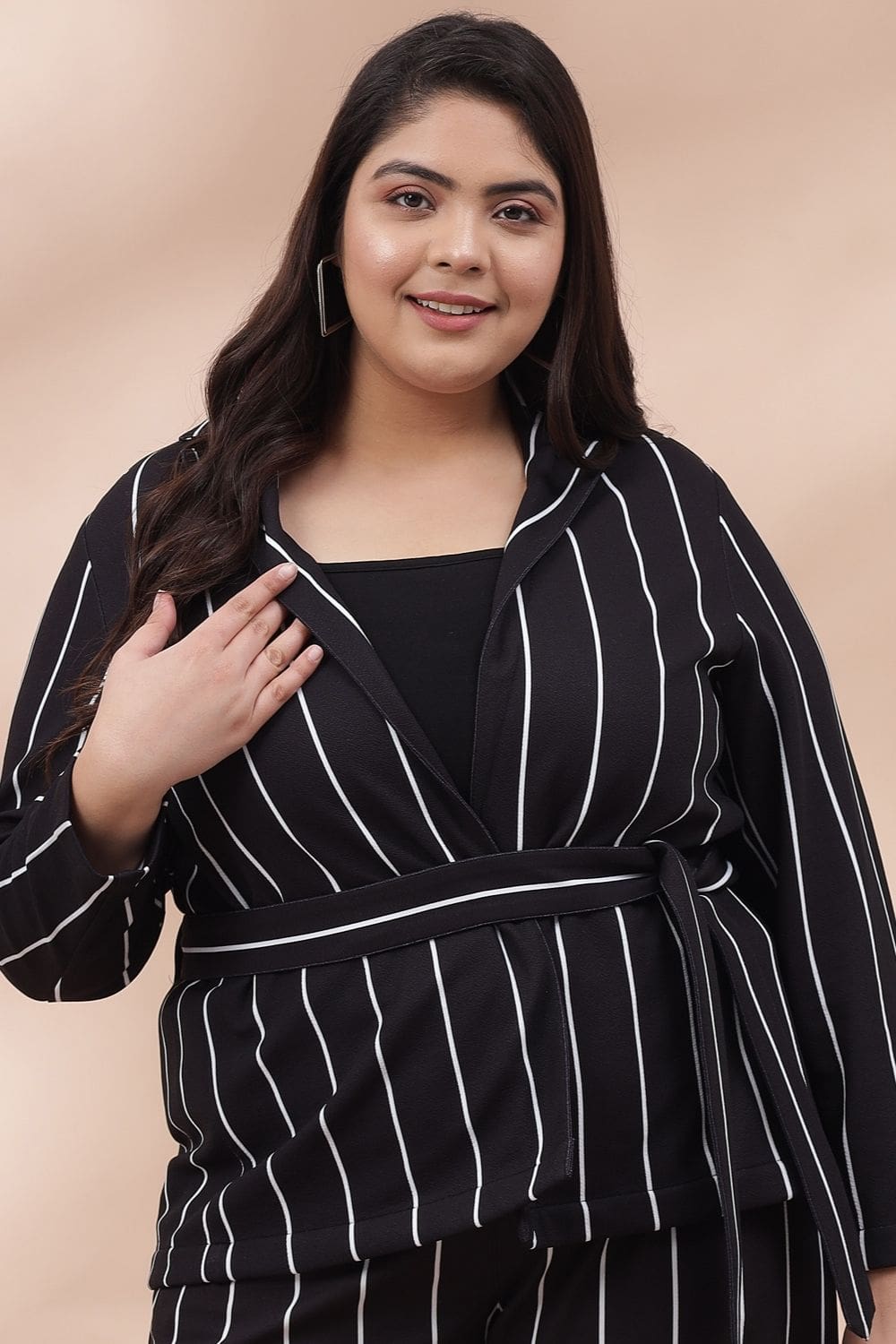 Plus Size Black White Striped Blazer
