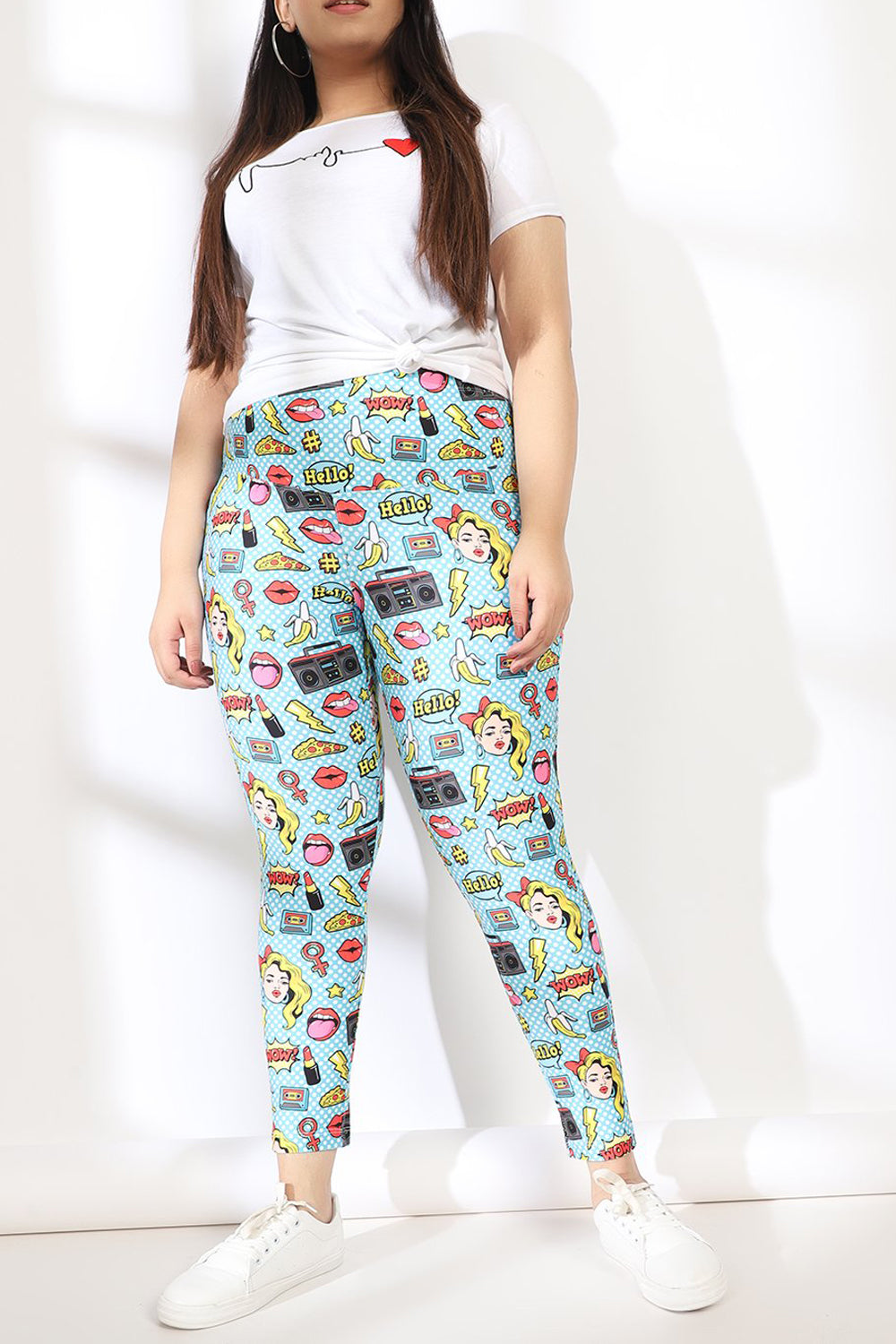 Amydus Blue Polka Quirky Tummy SHaper Printed Plus Size Leggings