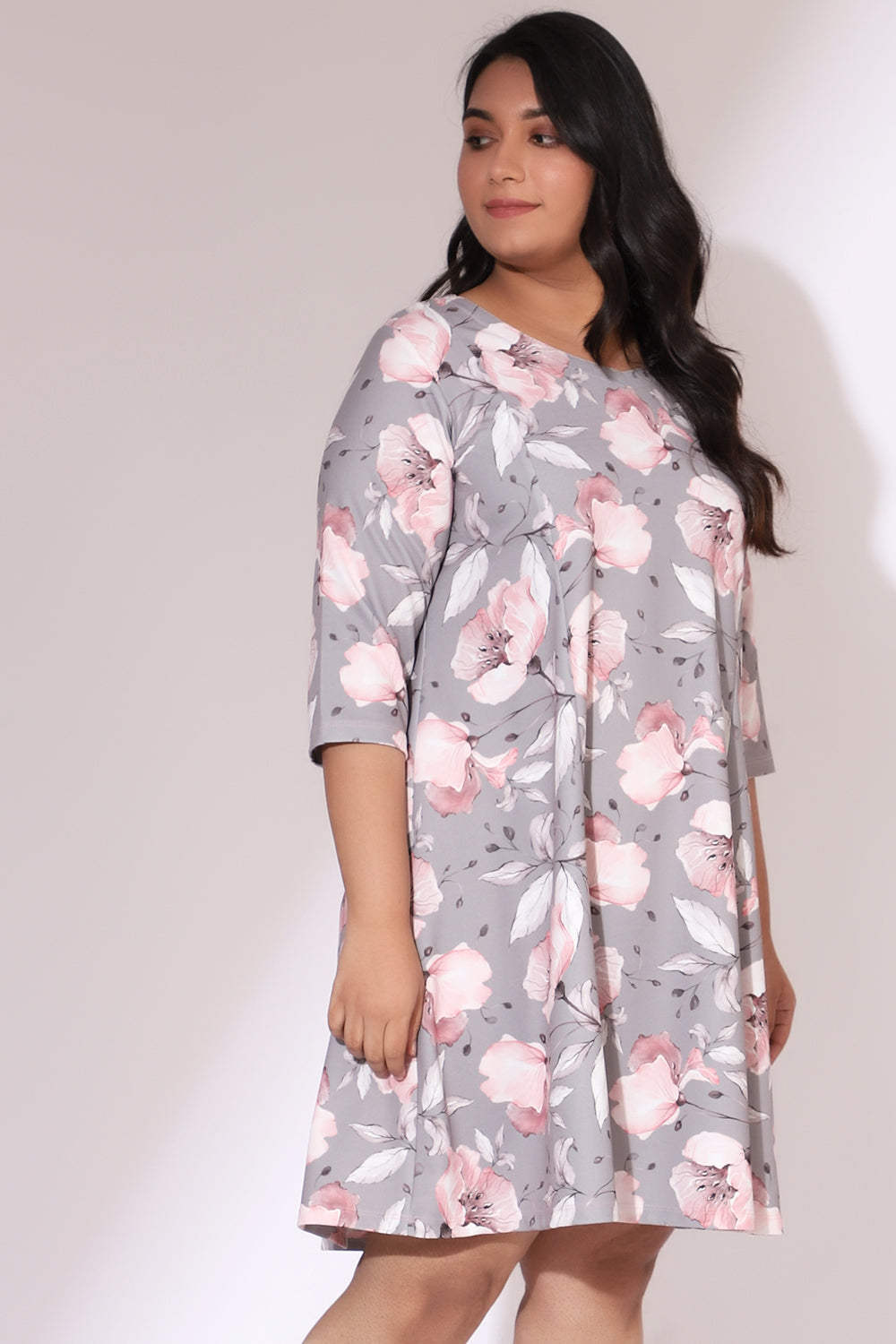 Plus Size Grey Floral Canvas Printed Dress