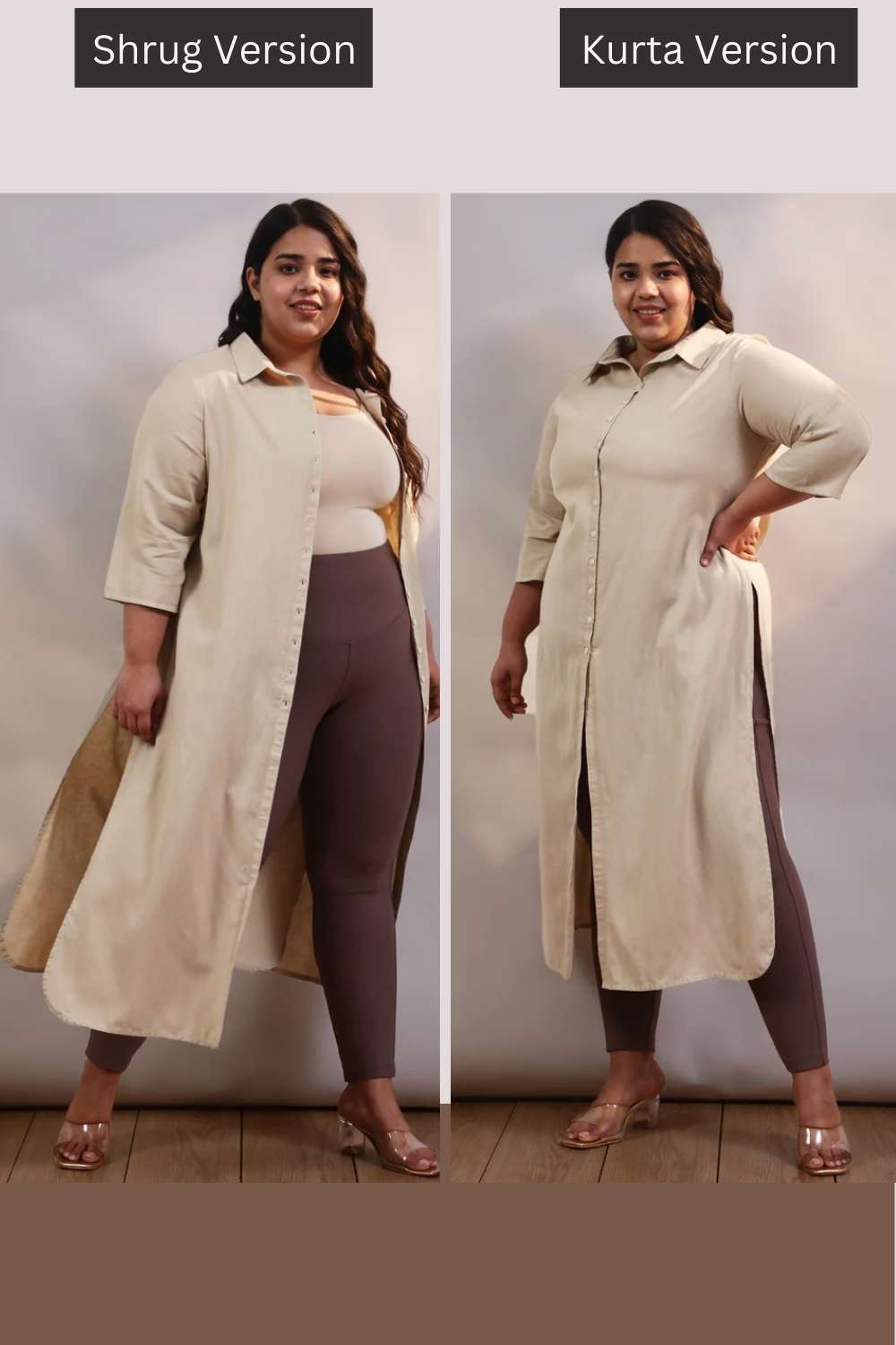 Plus Size Cream Cotton Linen Kurta Shrug