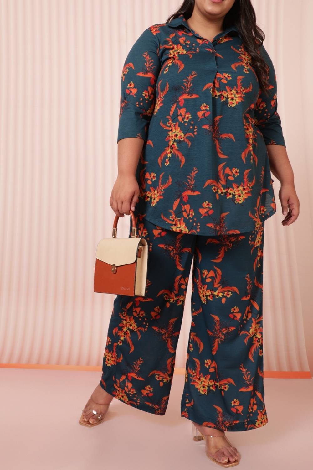 Teal Red Floral High Waist Pants