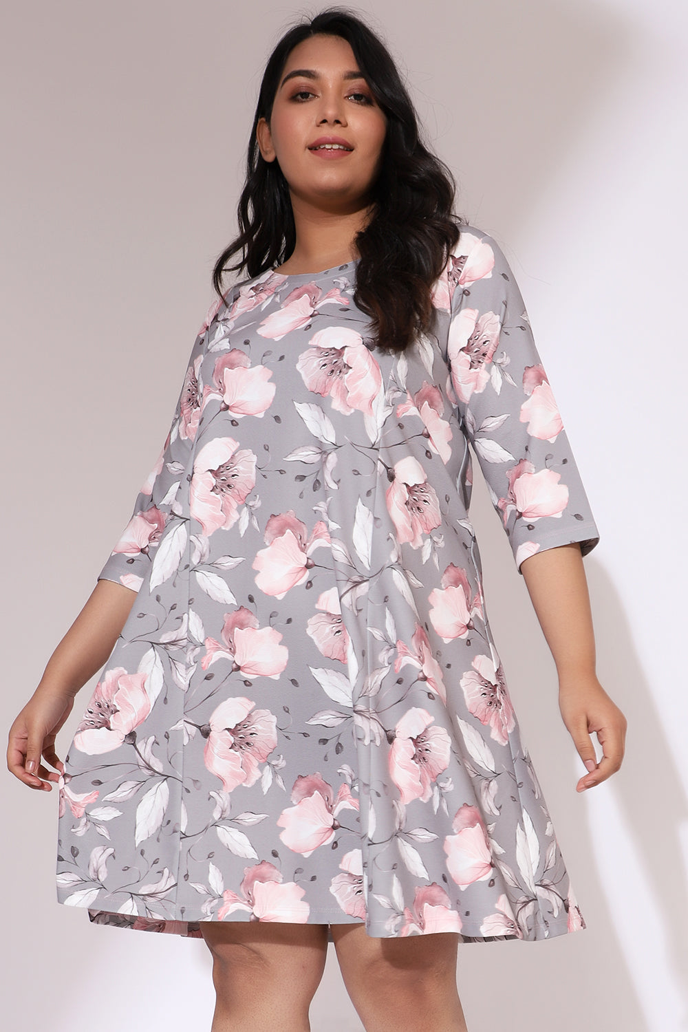 Grey Floral Canvas Printed Dress for Women