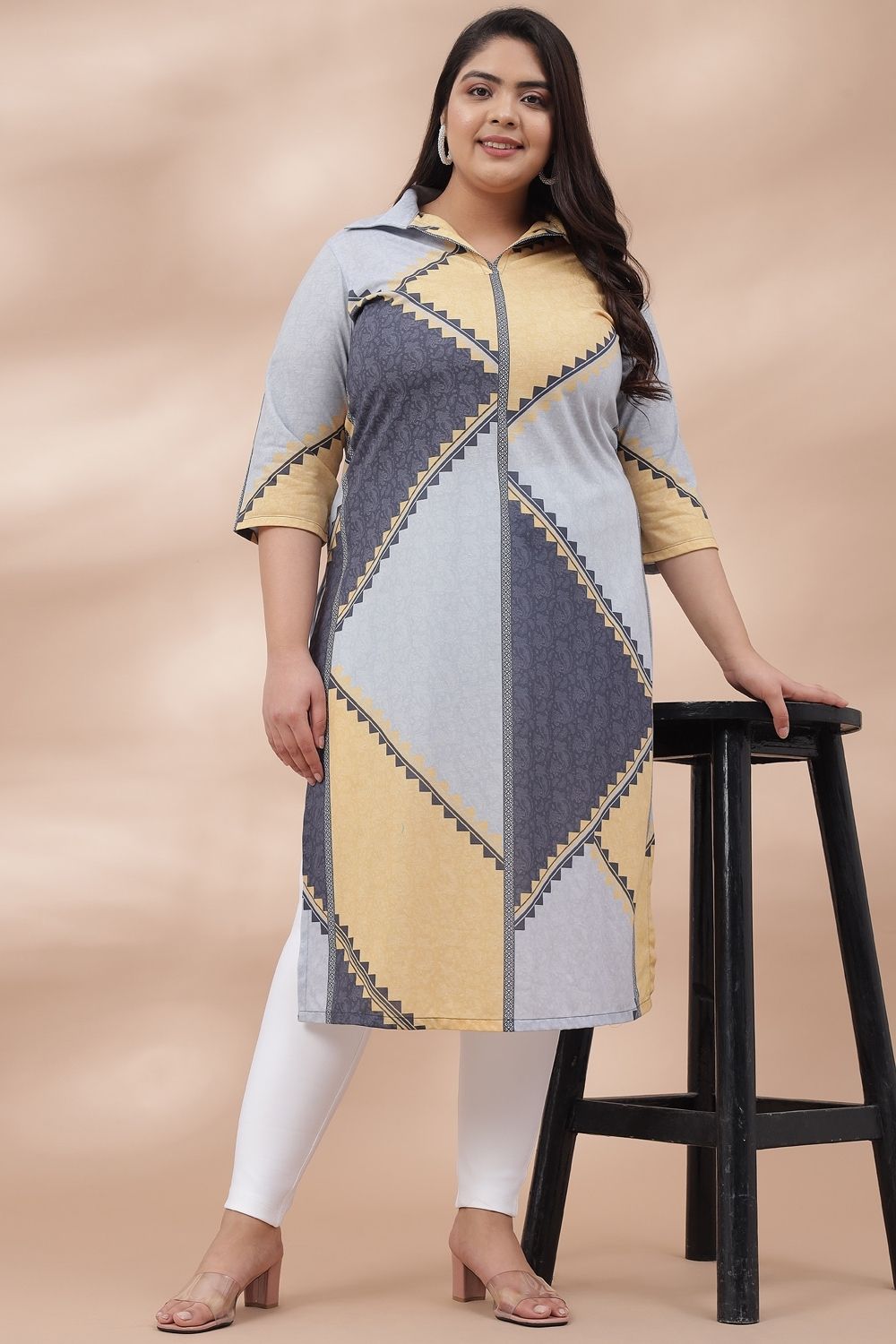 Yellow Powder Blue Printed Collared Kurti