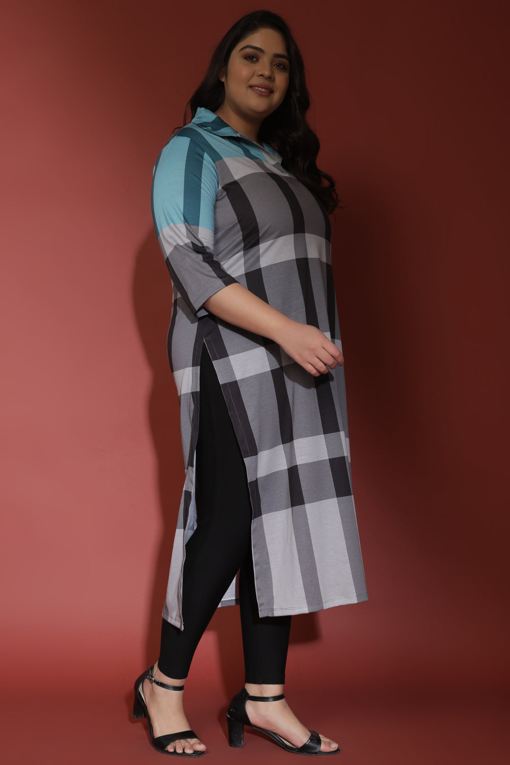 Plus Size Blue Black Check Printed Kurta