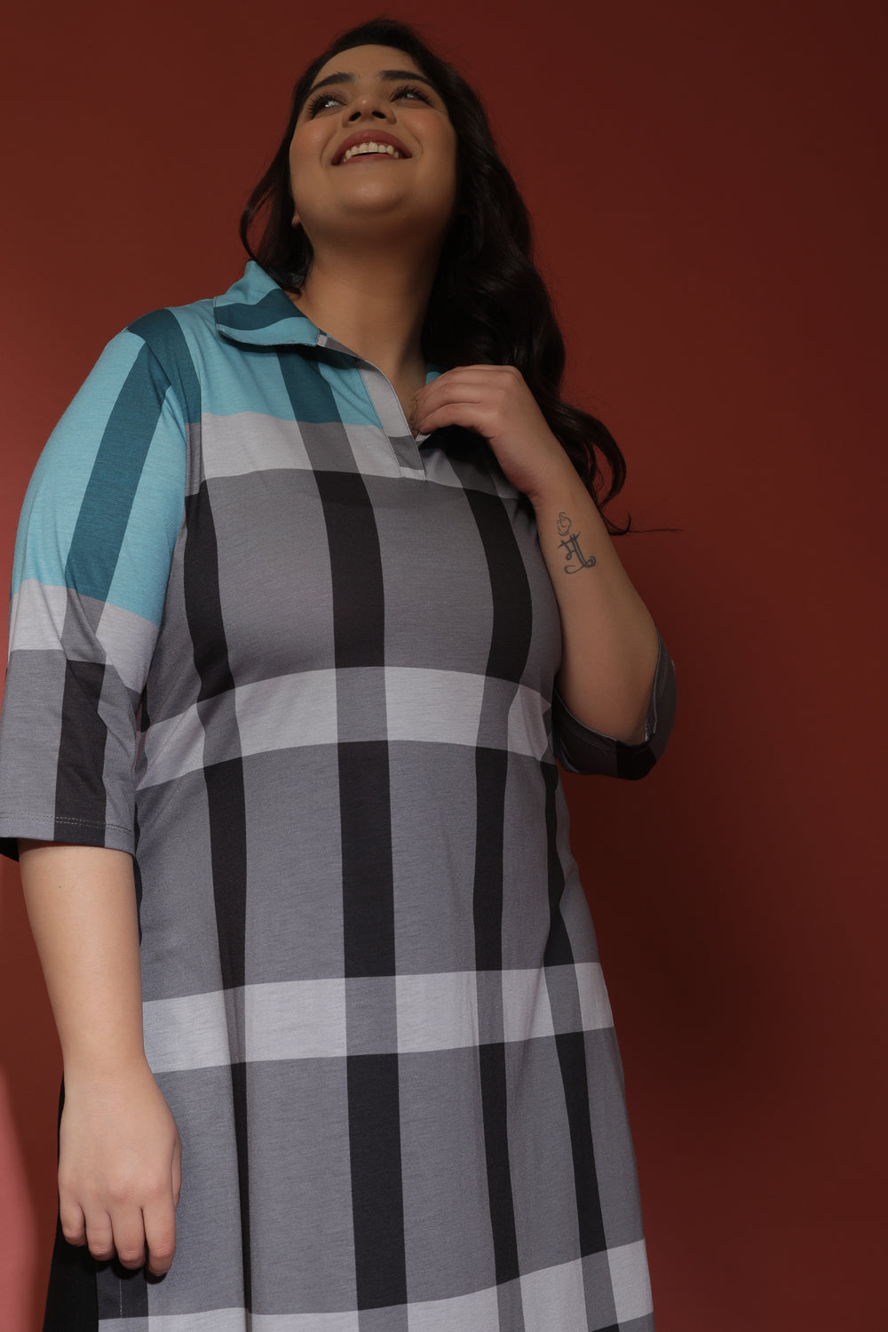 Blue Black Check Printed Kurta for Women